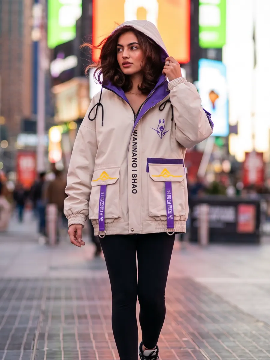 Lifestyle AI product photo: hooded jacket worn on a busy city street, generated by CherryShot