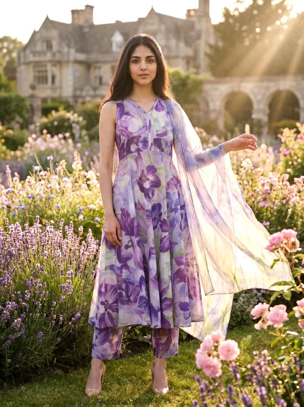 On-model AI photoshoot: printed kurta set worn by a realistic AI model in a garden scene, generated by CherryShot