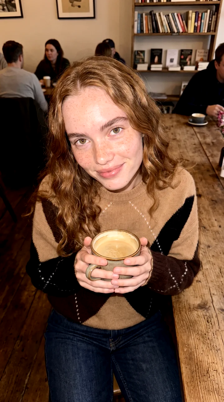 The same argyle sweater on the same AI model at a cafe table, holding a cup of coffee with both hands