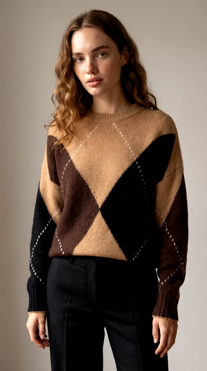 Brown, black and camel argyle sweater on an AI model with long curly hair, worn with black trousers on a plain studio backdrop