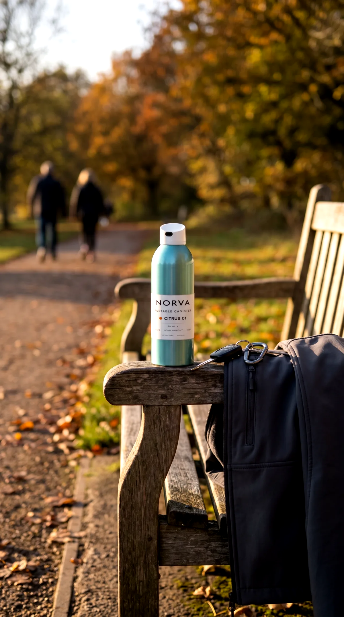 AI generated product photo of a canister on a park bench in an autumn scene