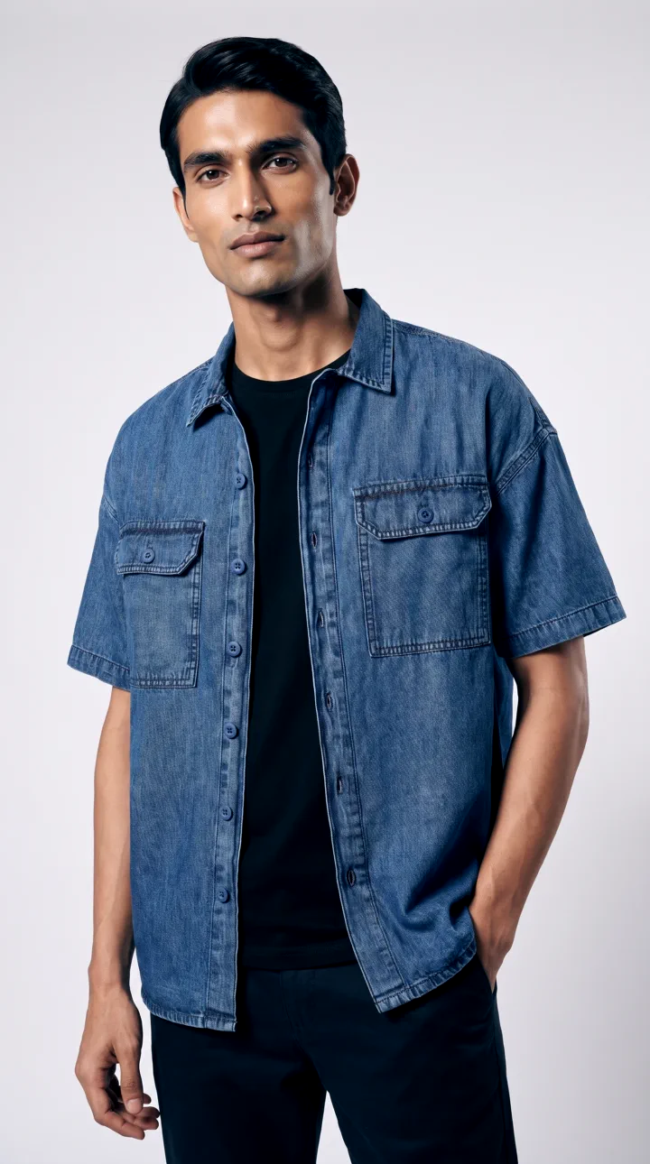 The same denim shirt worn open over a black tee by a man AI model on a pale grey backdrop