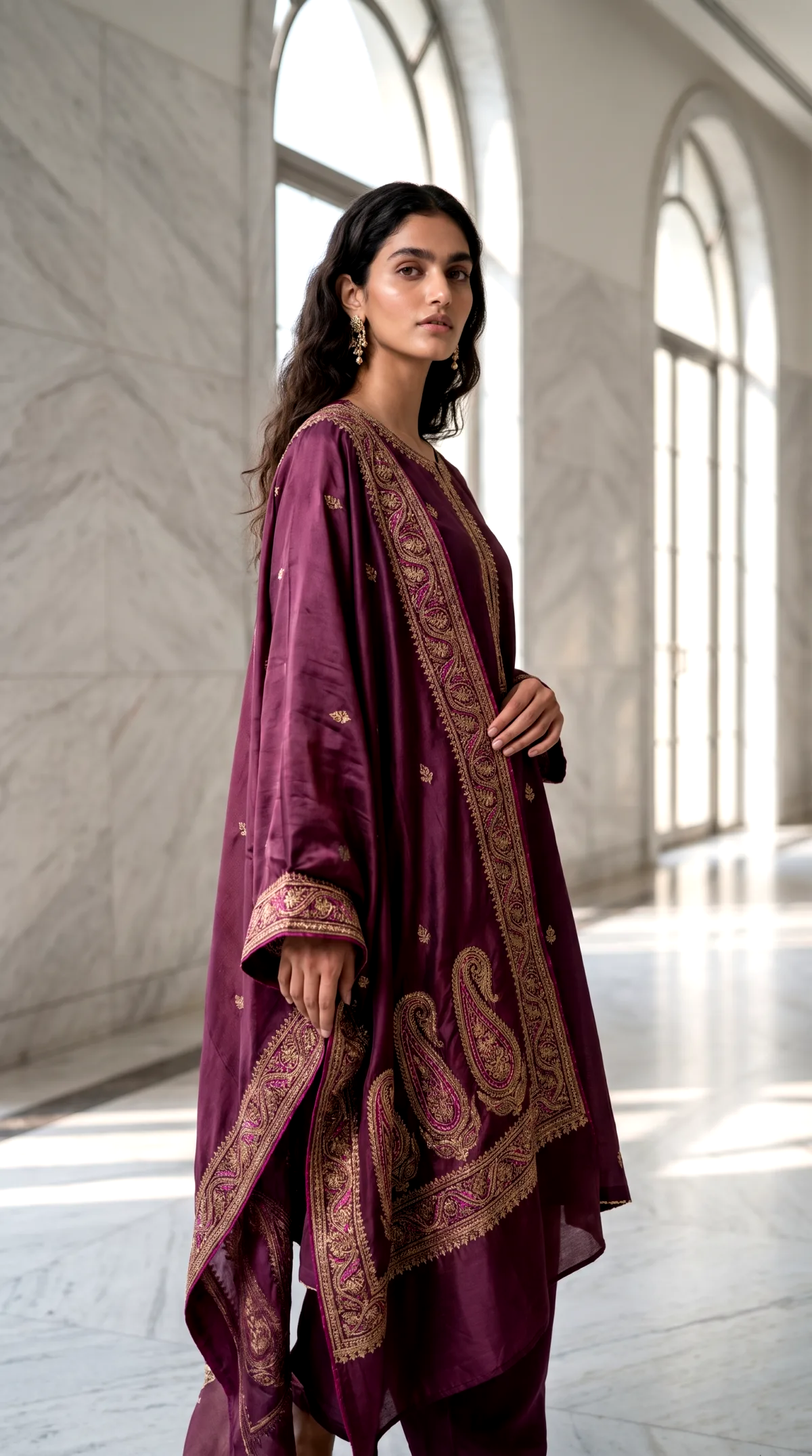 AI generated jewelry photo of gold drop earrings worn with an embroidered plum silk set in a marble interior