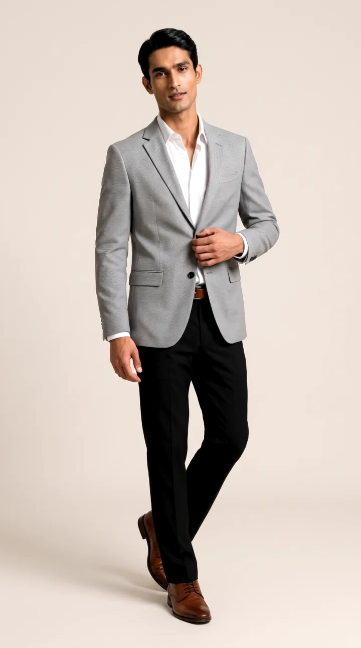 AI generated studio photo of a man in a grey blazer, open collar white shirt and black trousers on a light backdrop