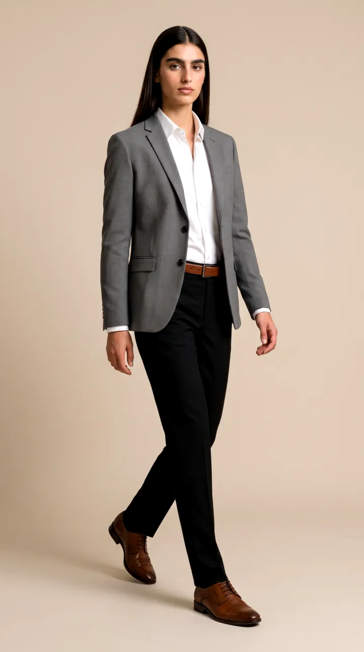 AI generated studio photo of a woman walking in a grey blazer, white shirt and black trousers on a warm beige backdrop