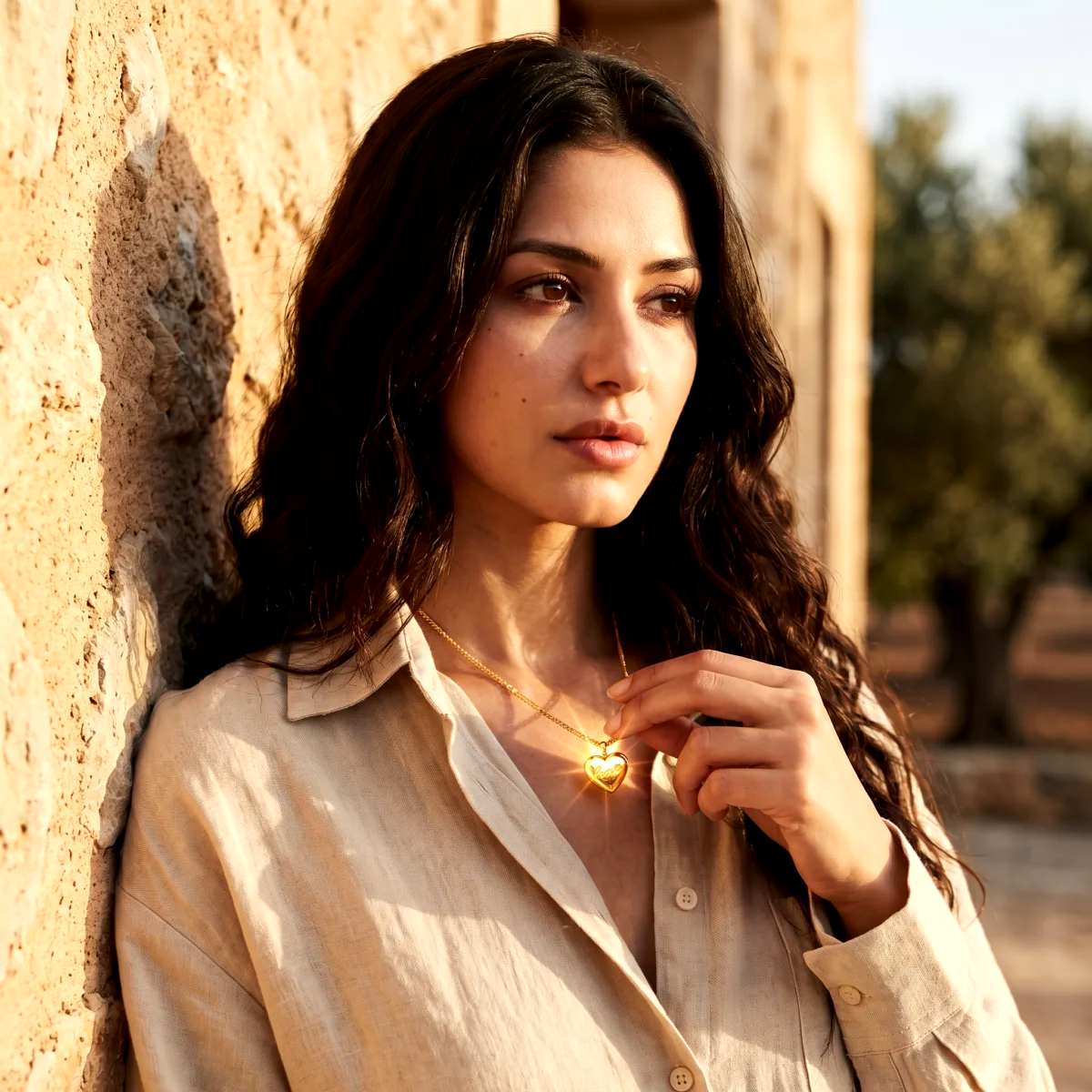 AI generated jewelry photo of a gold heart locket necklace held by a model in golden hour light