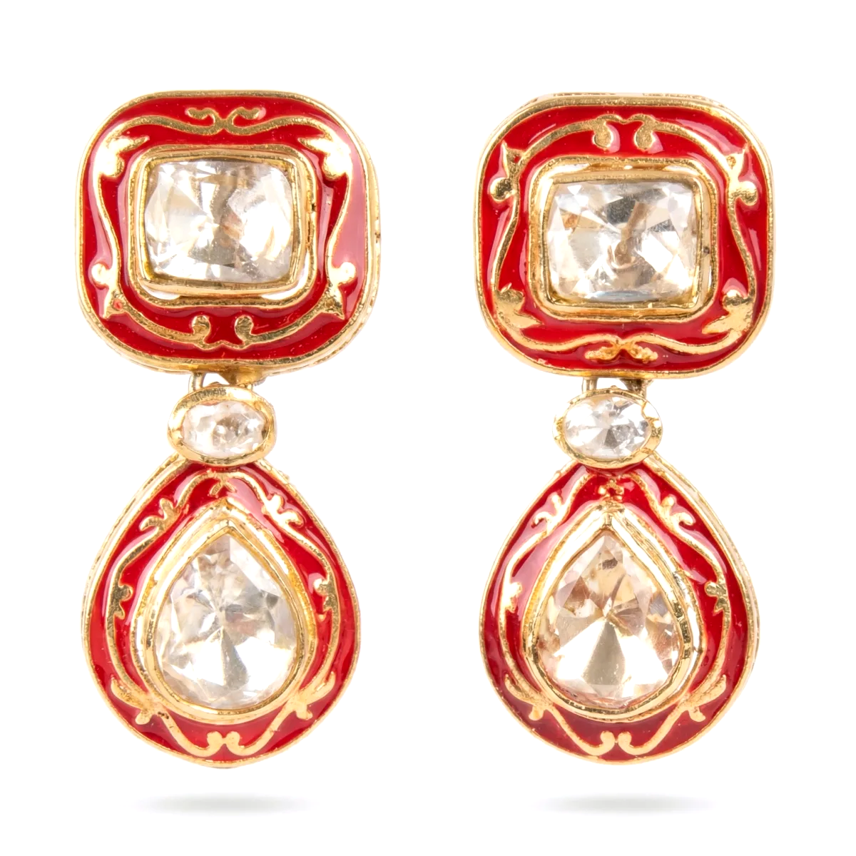 AI generated close-up detail photo of kundan drop earrings, sharp enough to hold up under listing zoom