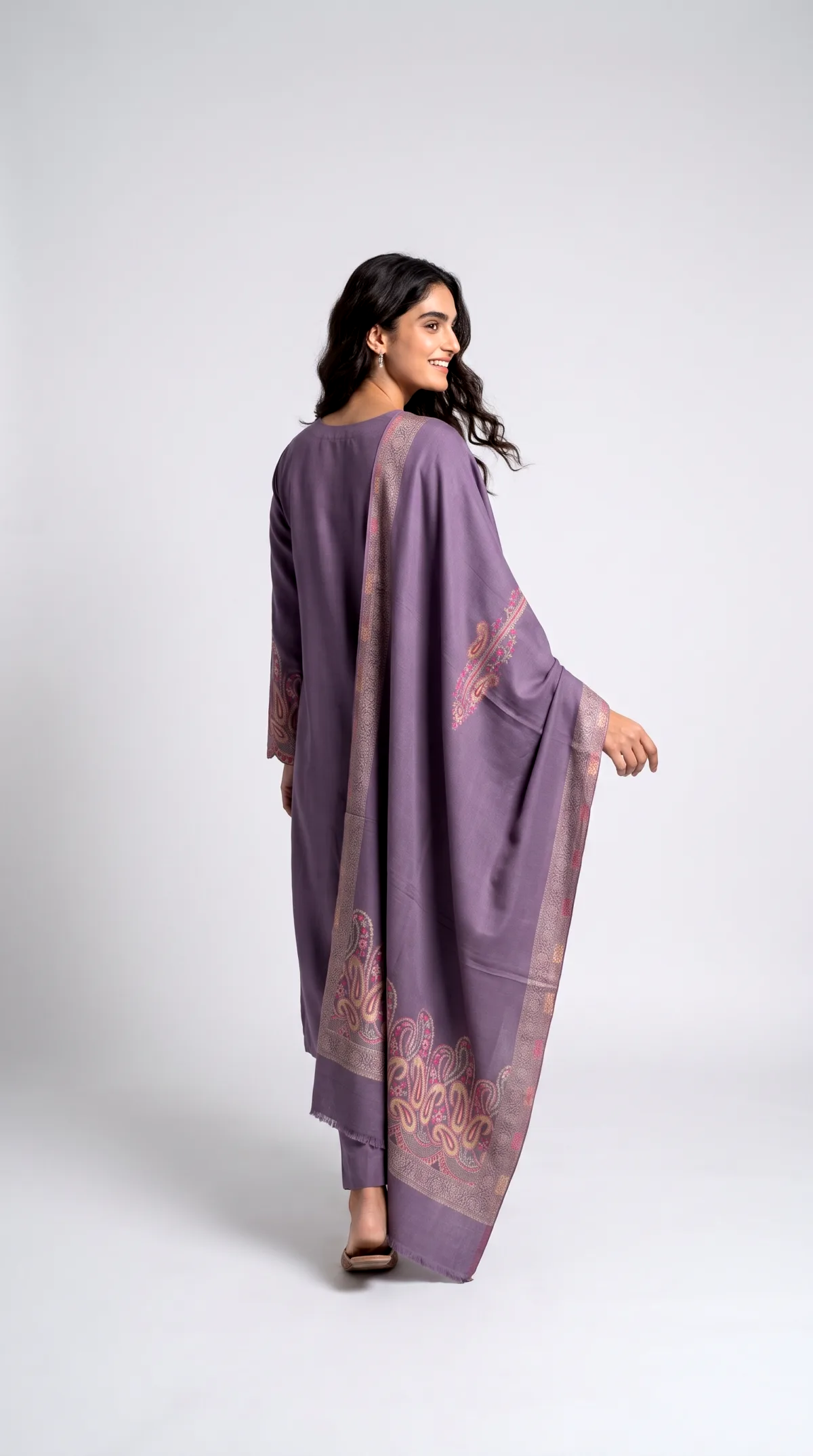 AI generated product photo of a lavender suit set on a grey studio backdrop
