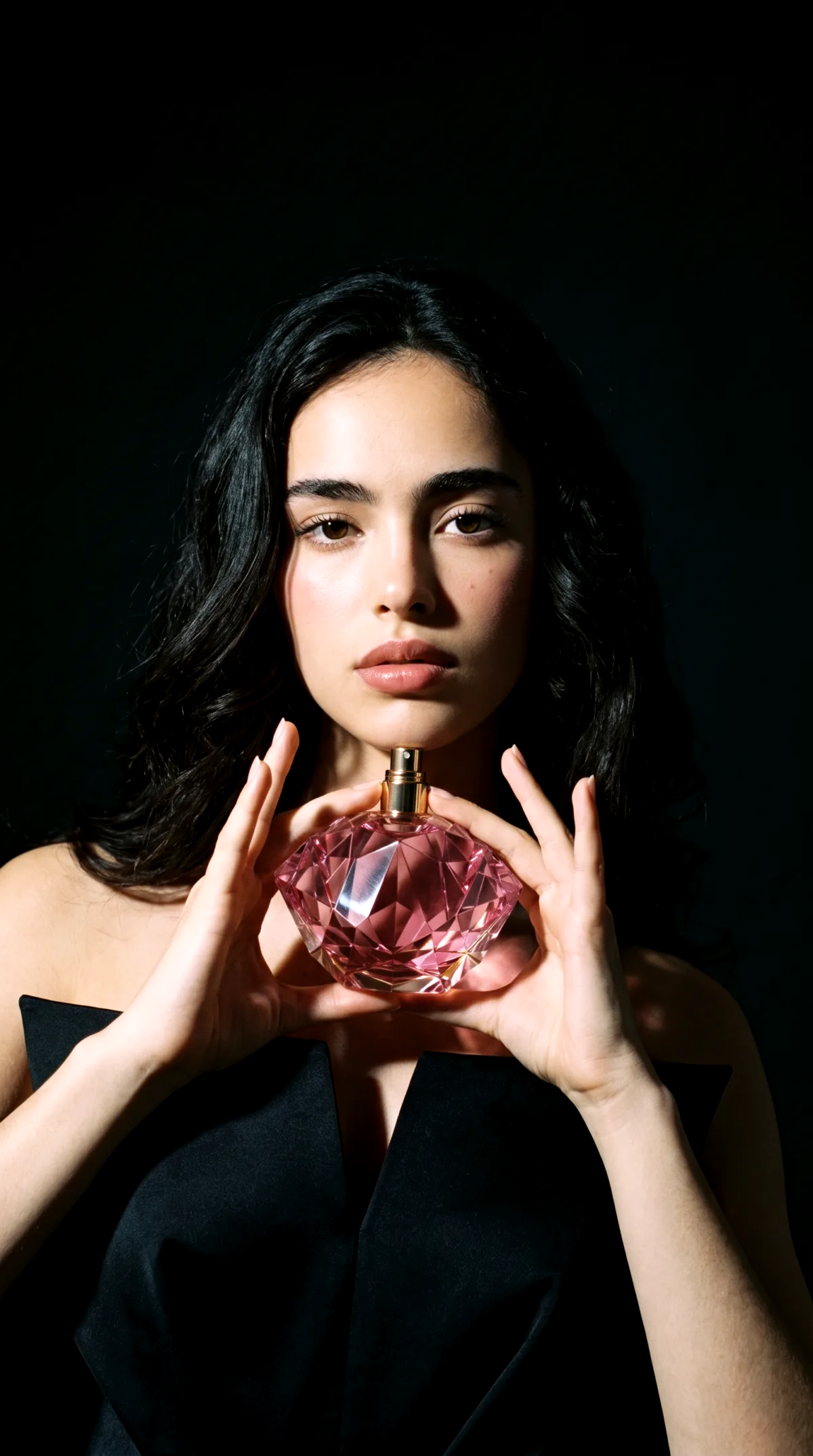 AI generated editorial photo of a model holding a perfume bottle, secondary image style