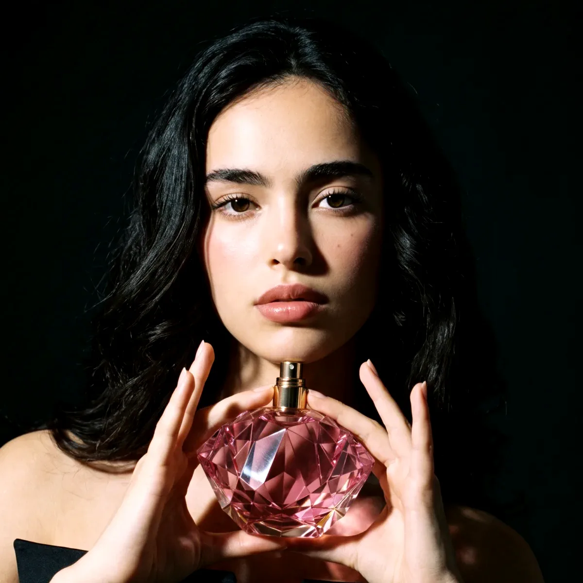 AI generated editorial photo of a model holding a perfume bottle, secondary image style