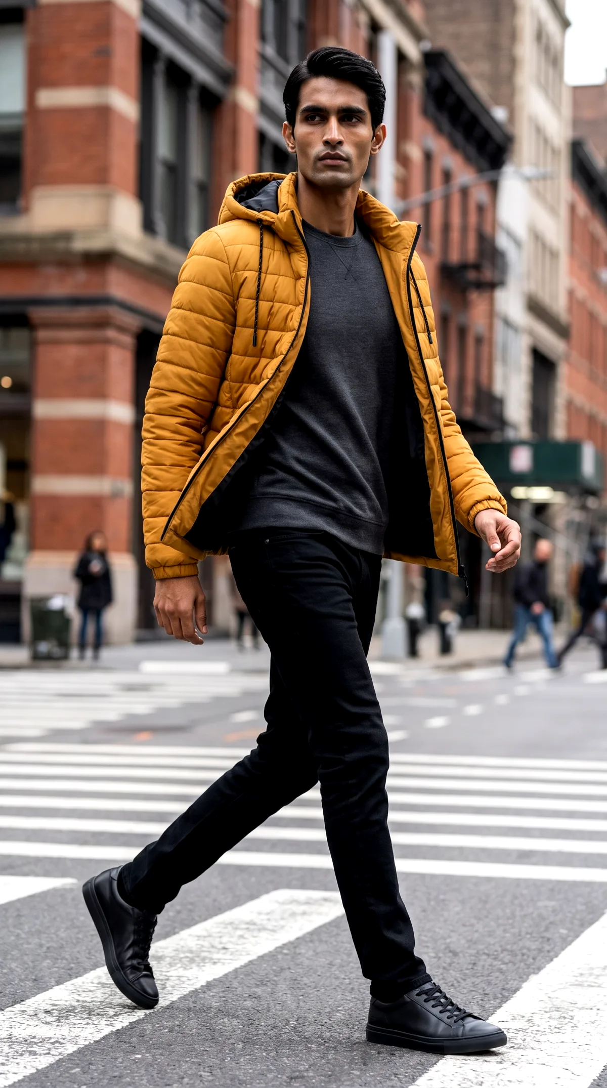 AI generated lifestyle photo of a model wearing a puffer jacket at a city crosswalk