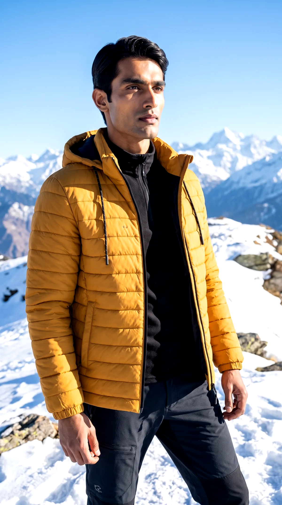 AI generated photoshoot of a mustard puffer jacket on a model at a snowy mountain summit