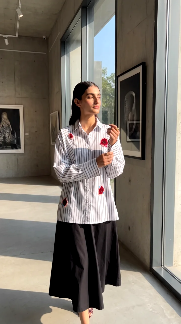 The same striped shirt on the same AI model in a sunlit concrete art gallery, adjusting a cuff by a tall window