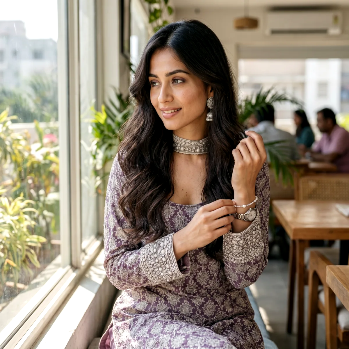AI generated jewelry photo of silver jhumka earrings and a choker worn with a printed kurta in daylight