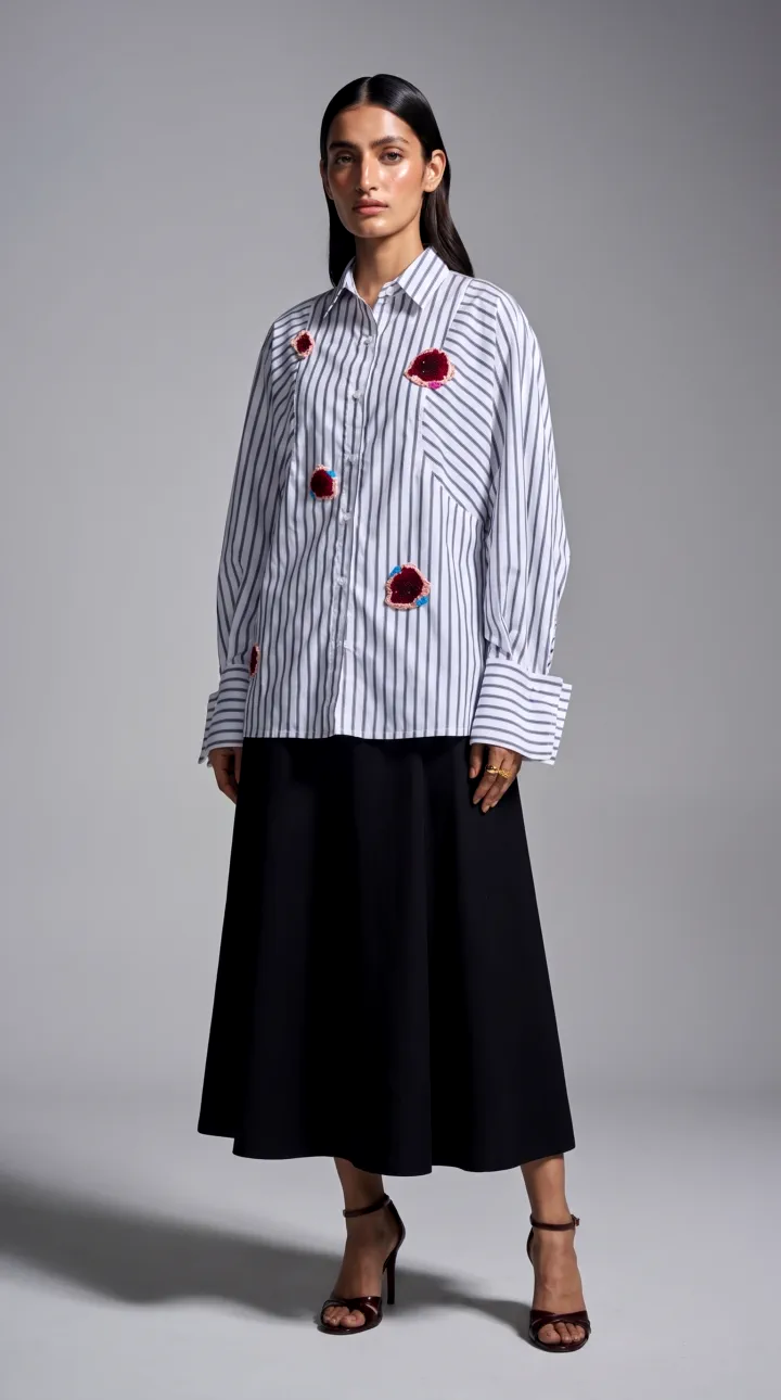 The shirt worn untucked over a black midi skirt with heeled sandals, full length on a model