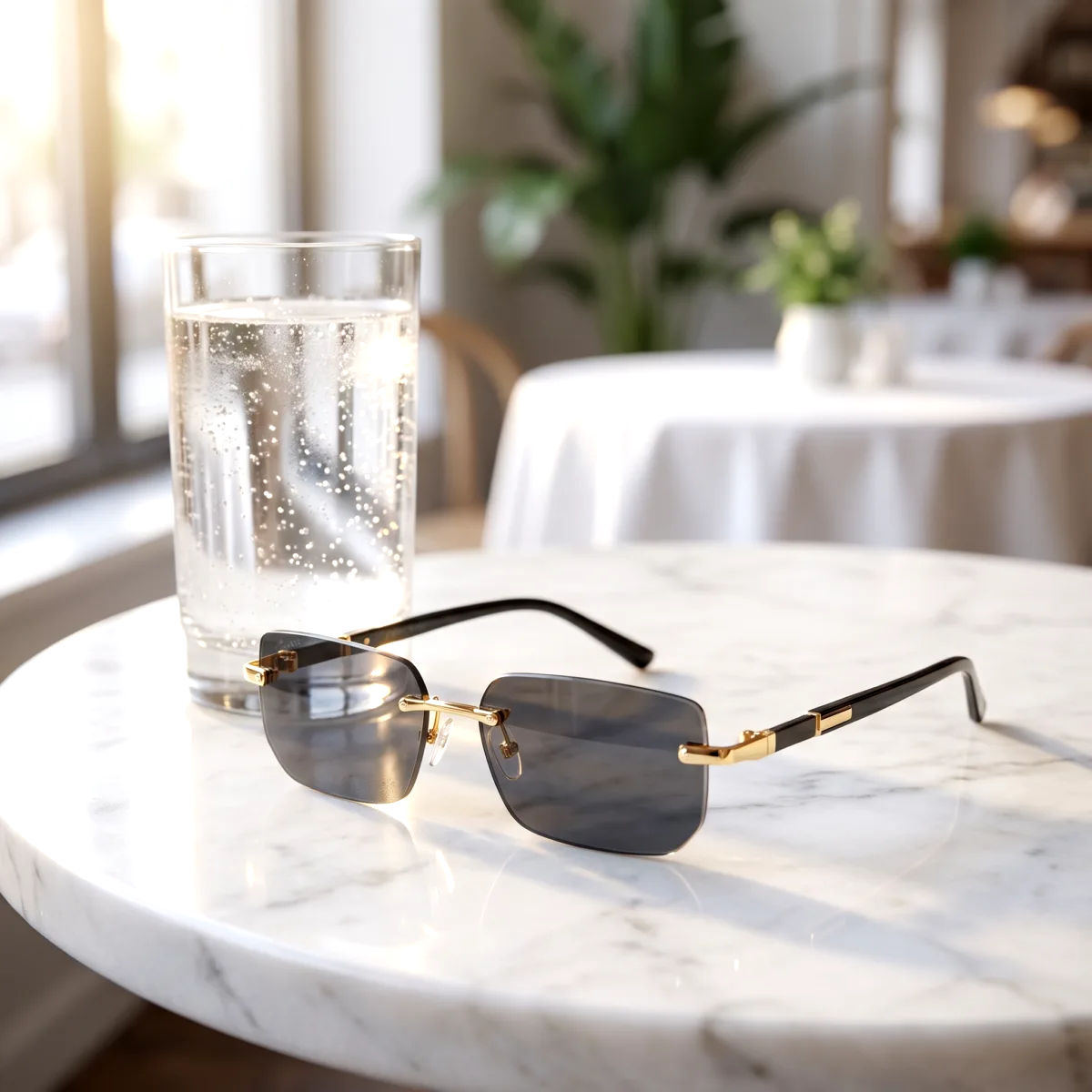 AI generated lifestyle photo of sunglasses on a marble cafe table, secondary image style